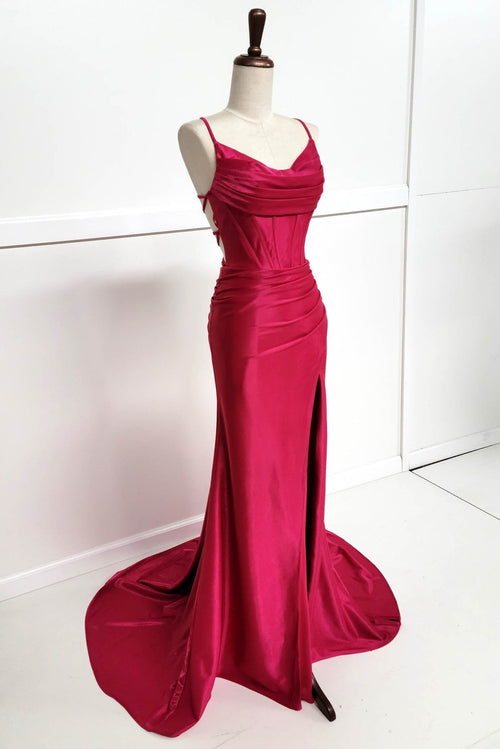 Chicas C326 Solid-Color Mermaid Spaghetti-Strap Long Corset High-Slit Fabric Dress