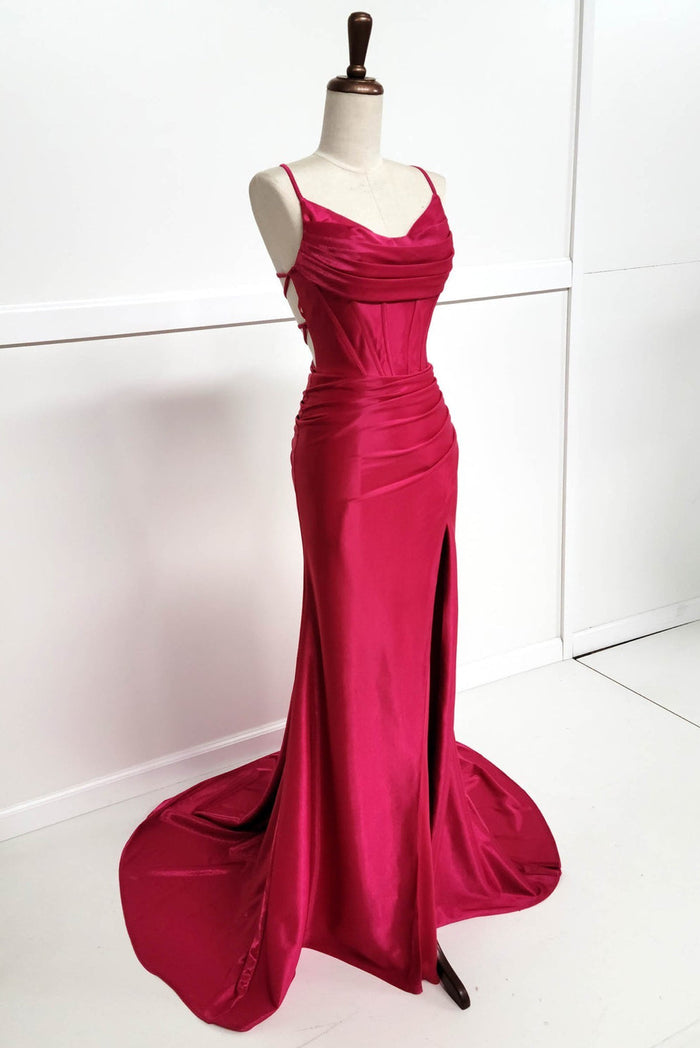 Chicas C326 Solid-Color Mermaid Spaghetti-Strap Long Corset High-Slit Fabric Dress
