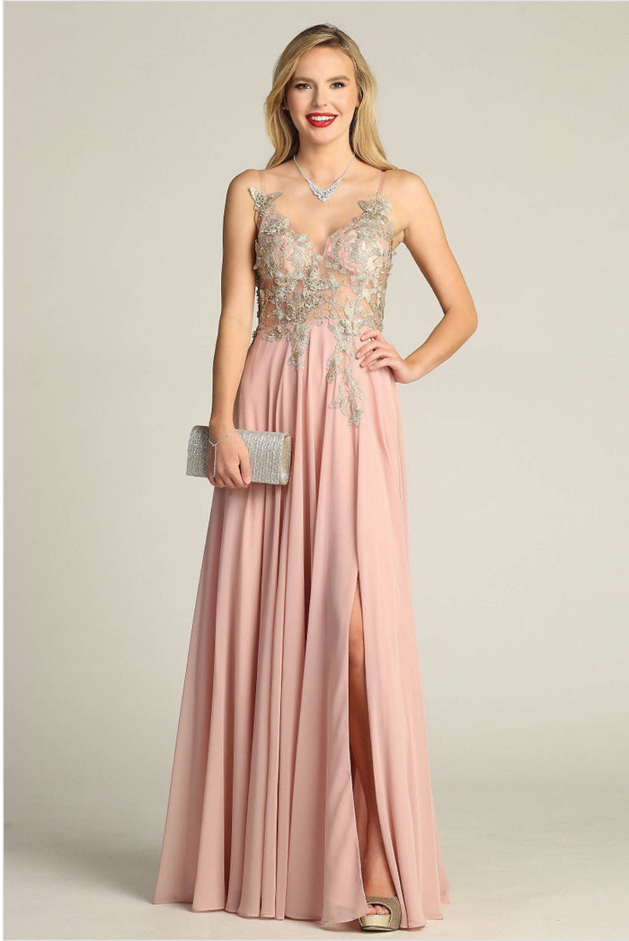 Chicas C5124 Party Butterfly Long Corset High-Slit Chiffon Dress