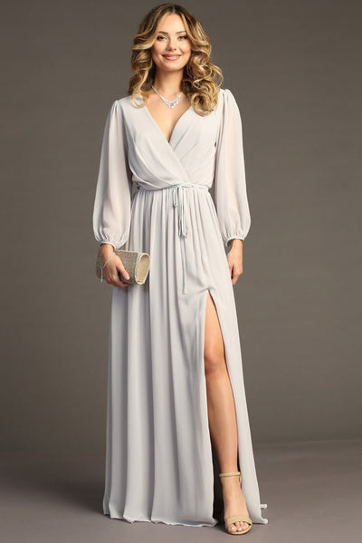 Chicas J012B V-Neck Long Removable-Belt Chic Style Chiffon Dress