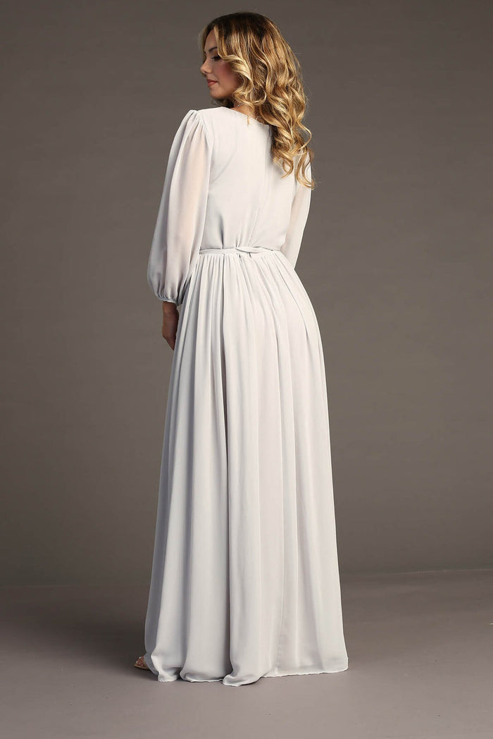 Chicas J012B V-Neck Long Removable-Belt Chic Style Chiffon Dress