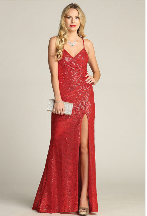 Chicas C2404 Long High-Slit Sequin Strappy Style Fabric Dress