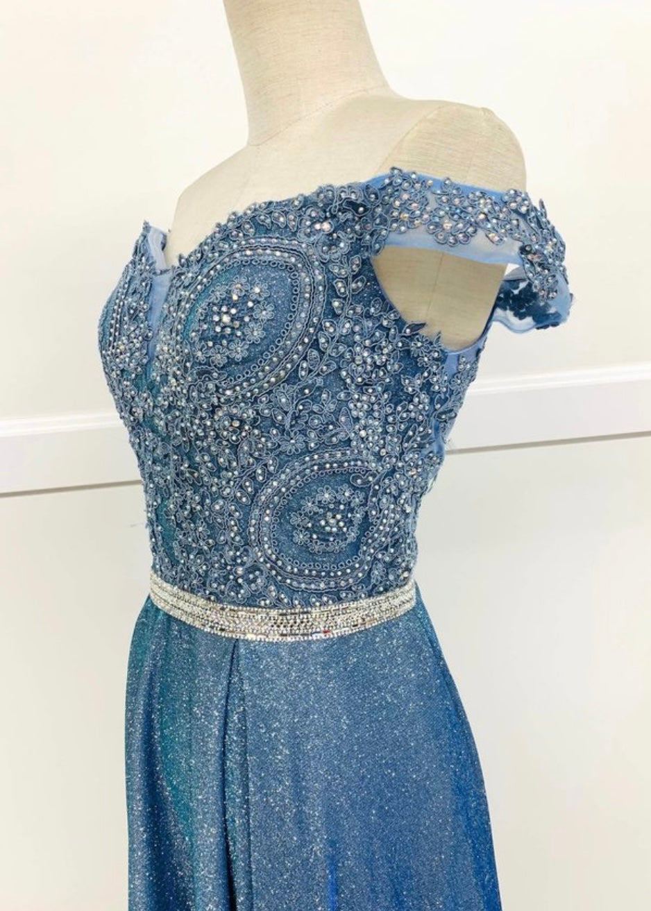 Chicas DM4027 Elegant Evening Blue A-Line Illusion Tea-Length Fabric Dress