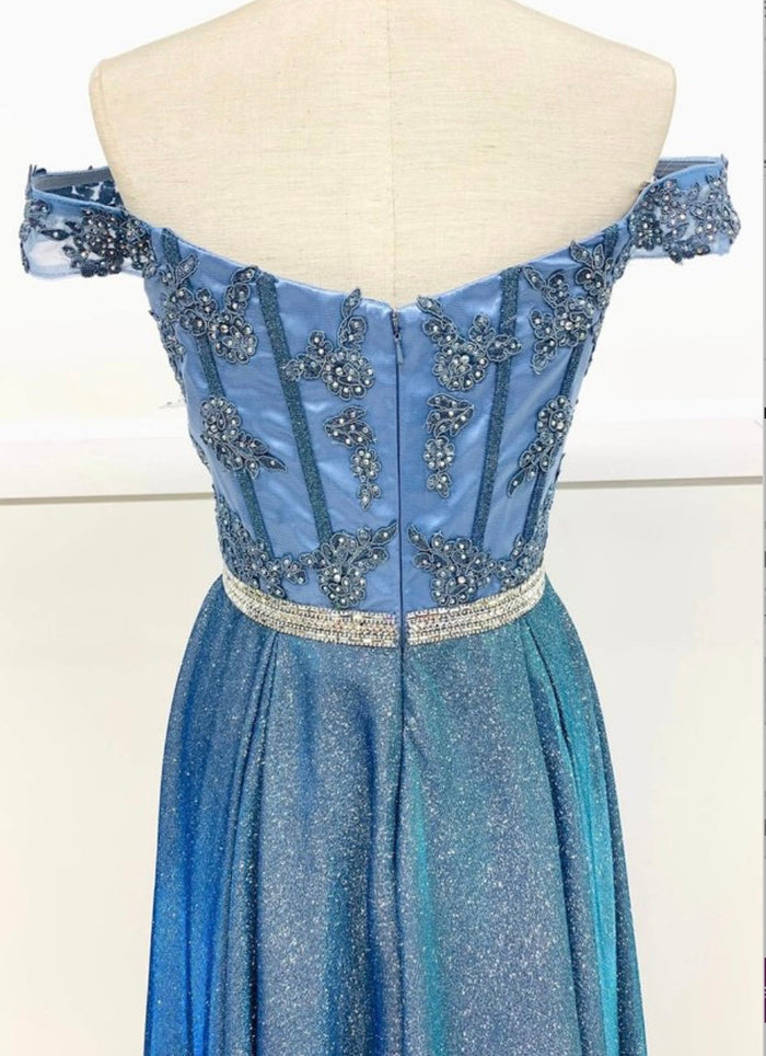 Chicas DM4027 Elegant Evening Blue A-Line Illusion Tea-Length Fabric Dress