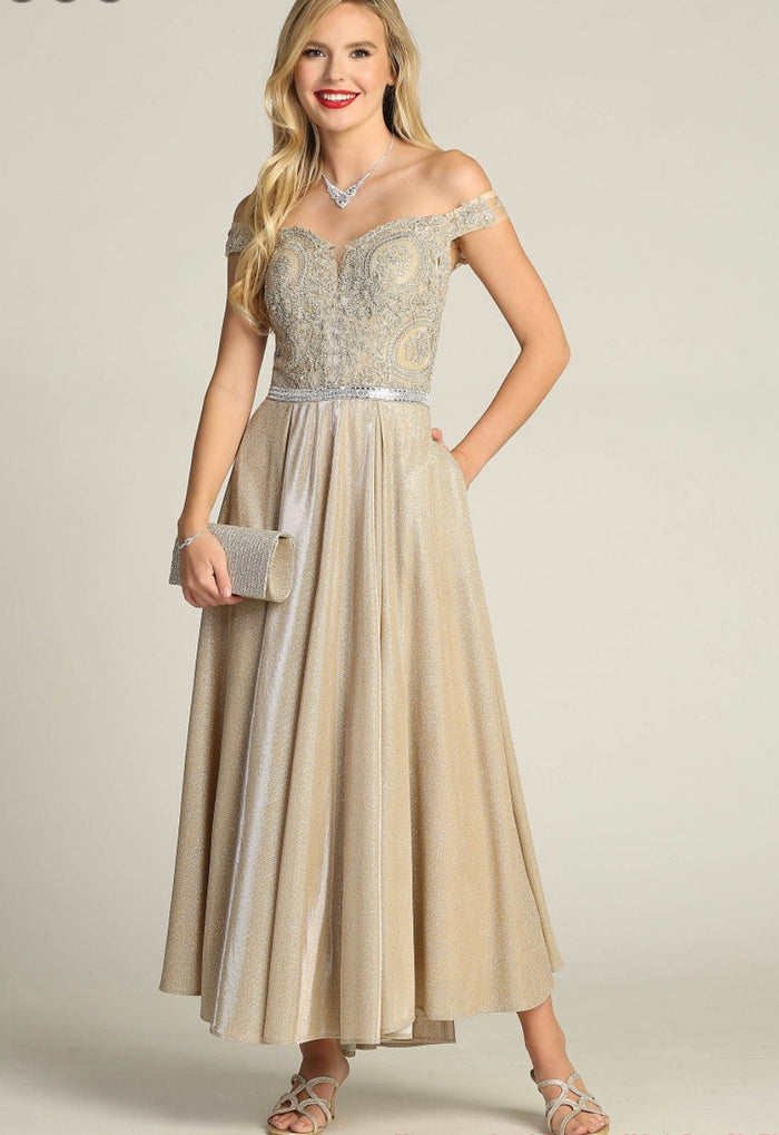 Chicas DM4027 Elegant Evening Blue A-Line Illusion Tea-Length Fabric Dress