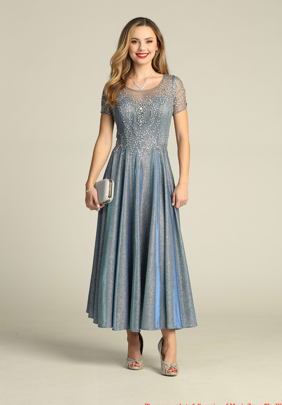 Chicas J014 Elegant Bridal Blue A-Line Illusion Tea-Length Fabric Dress
