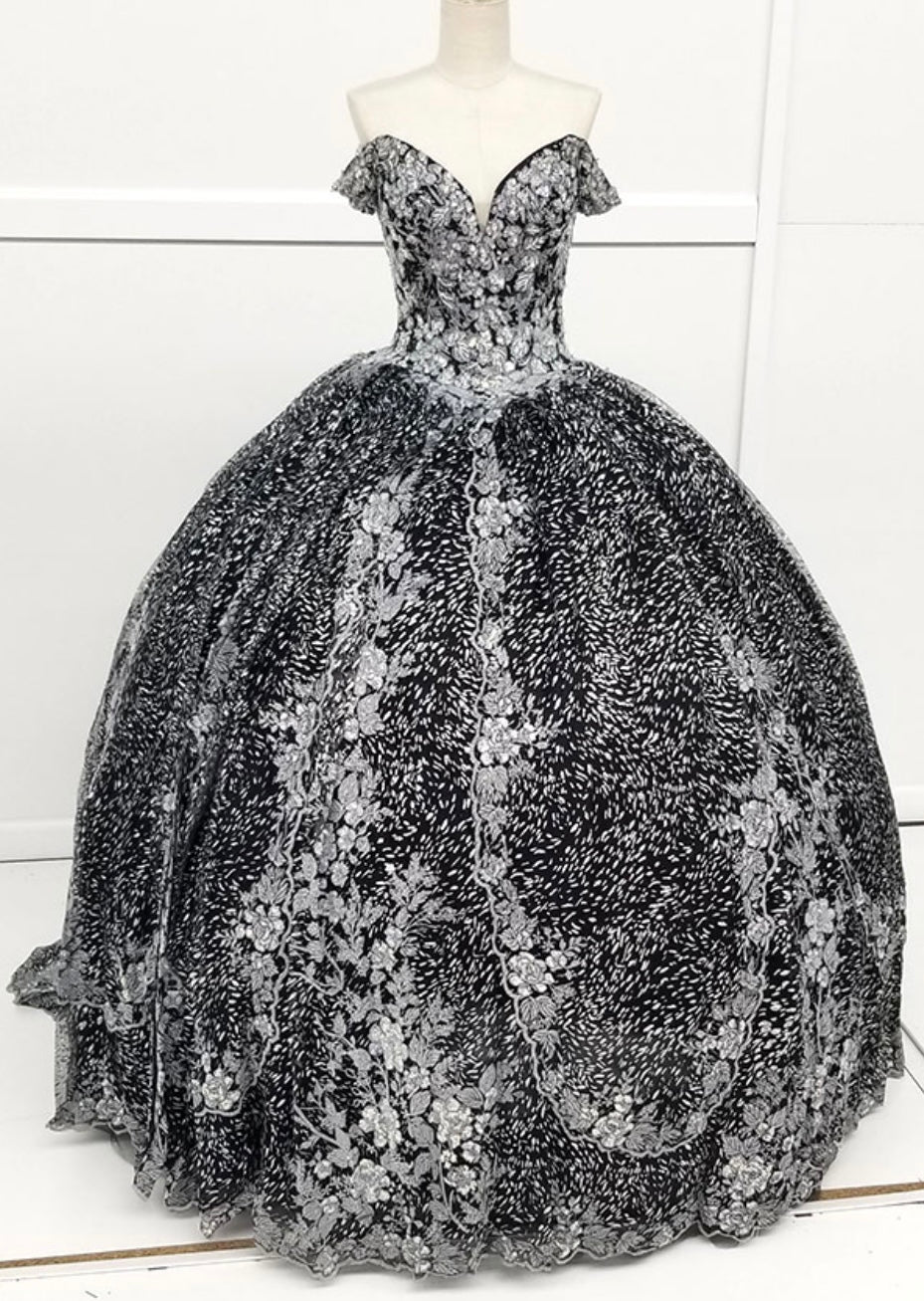 Chicas HF3039 Printed Quinceañera Black BallDress Sweetheart Floral Lace Dress – SuitUSA