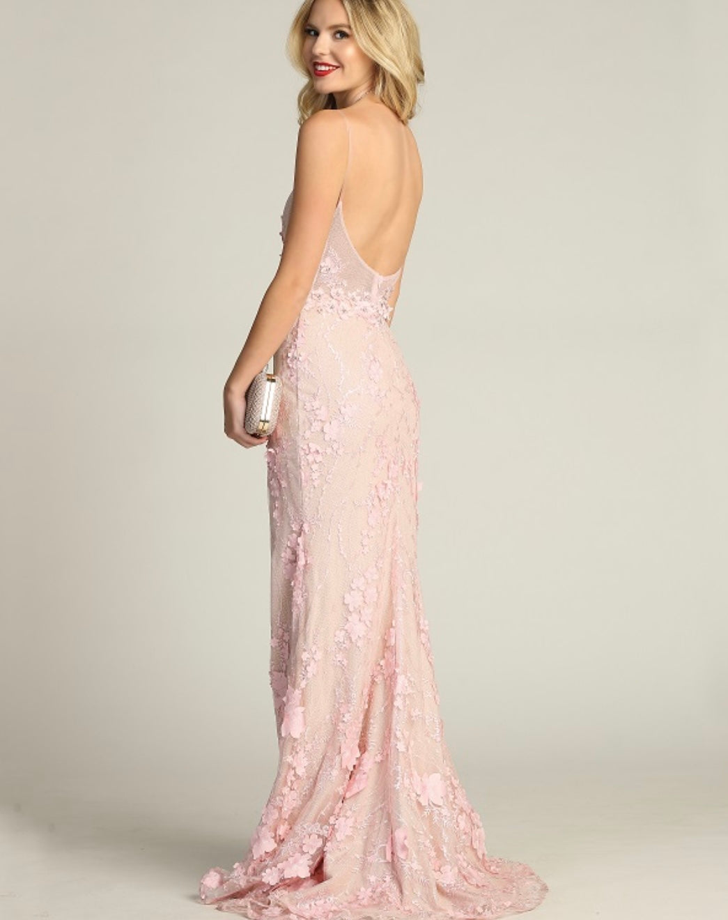 Chicas HF3058 Romantic Printed Prom Blush Illusion Floral Mesh Dress