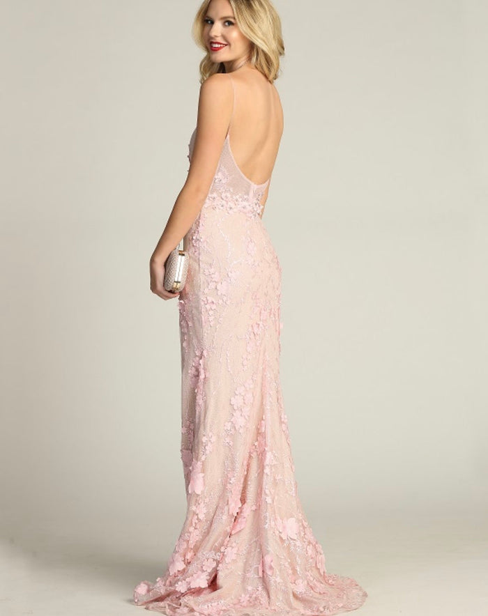 Chicas HF3058 Romantic Printed Prom Blush Illusion Floral Mesh Dress