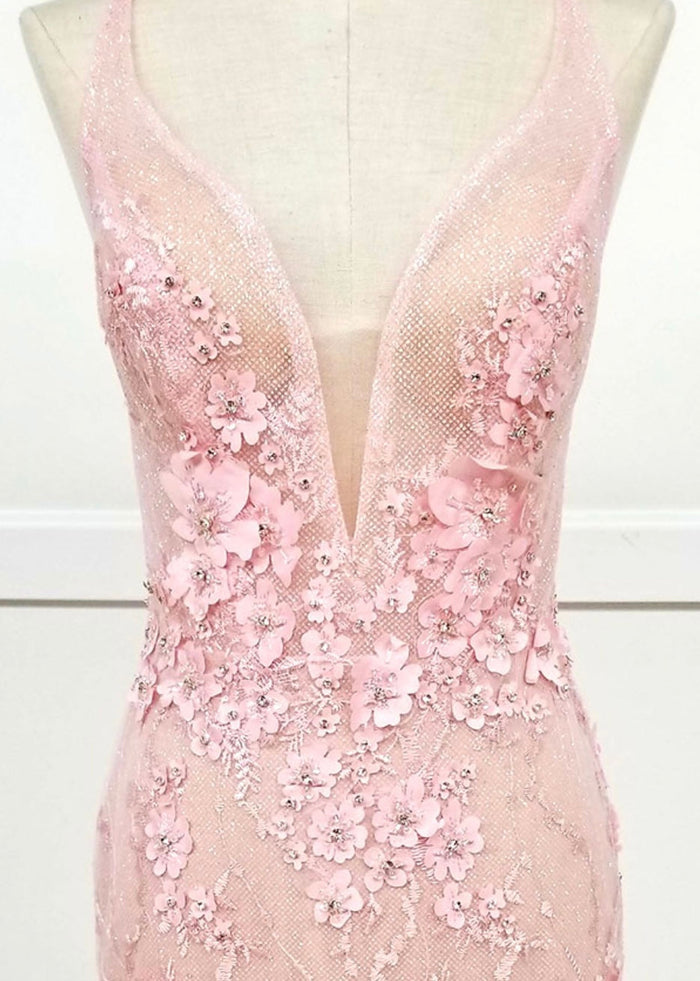 Chicas HF3058 Romantic Printed Prom Blush Illusion Floral Mesh Dress