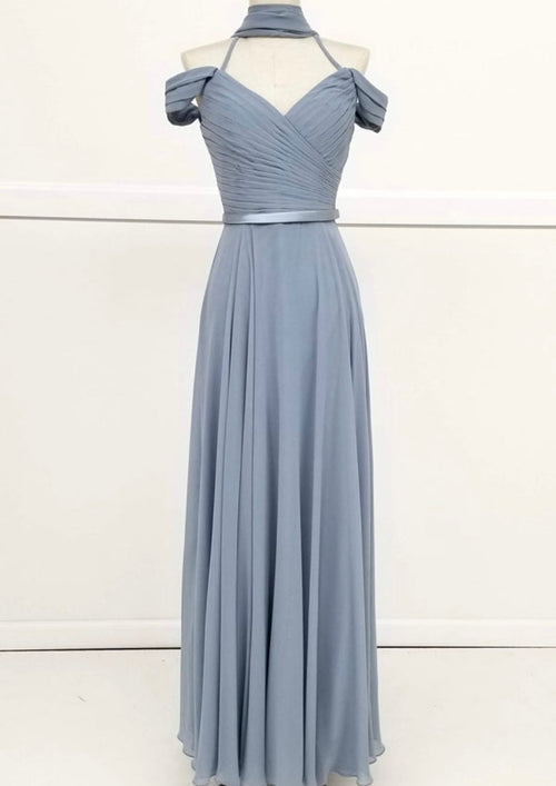 Chicas C8997 Elegant Evening Navy Spaghetti-Strap Floor-Length Pleated Chiffon Dress