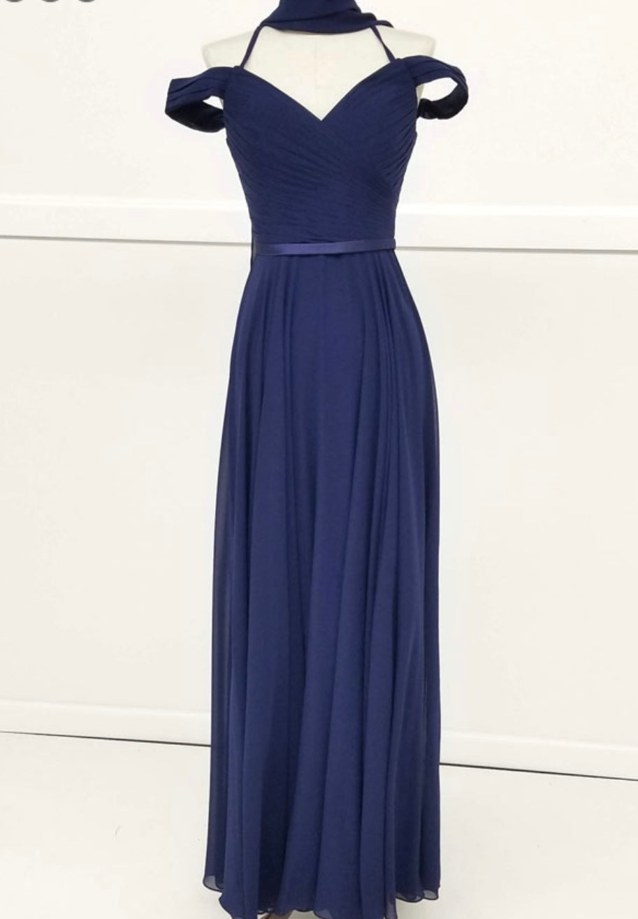 Chicas C8997 Elegant Evening Navy Spaghetti-Strap Floor-Length Pleated Chiffon Dress
