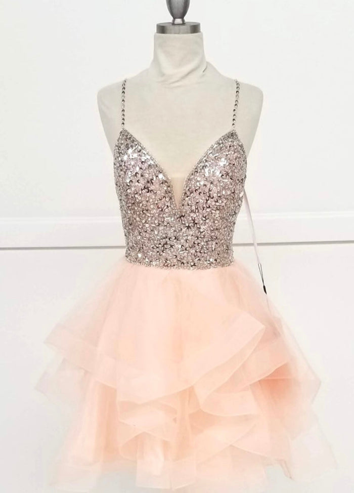 Chicas C313 Royal Spaghetti-Strap Short Beaded Sequin Strappy Tulle Dress
