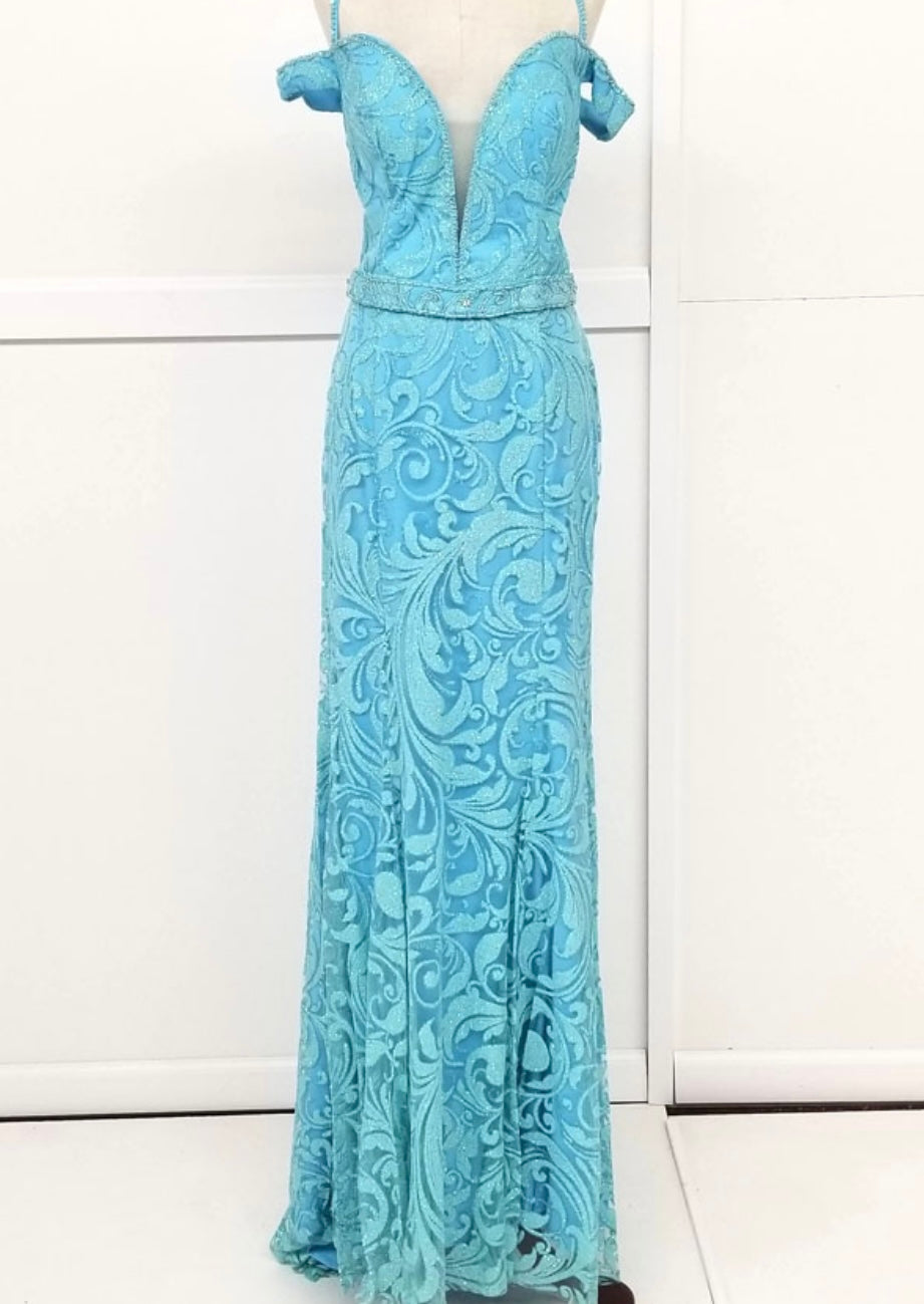 Chicas NY7104 Elegant Evening Gold Illusion Floor-Length Sequin Fabric Dress