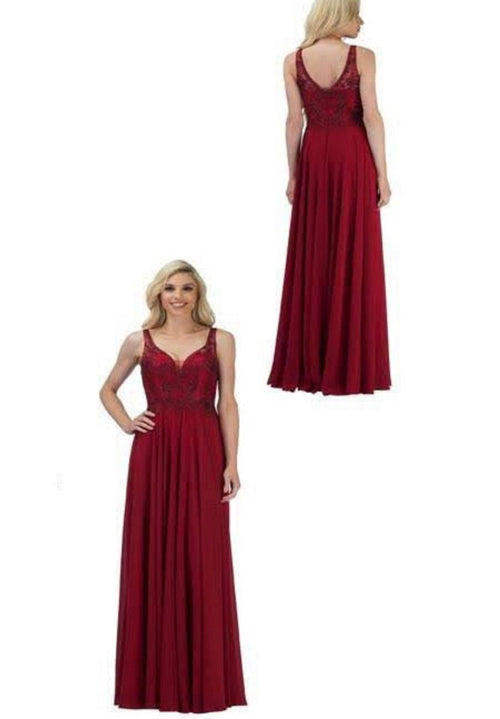 Chicas YG5017 Evening Navy A-Line Long Beaded Chiffon Dress