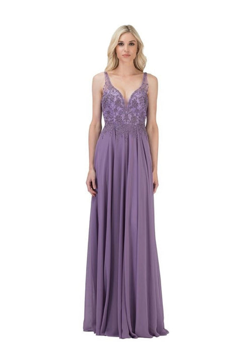 Chicas YG5017 Evening Navy A-Line Long Beaded Chiffon Dress
