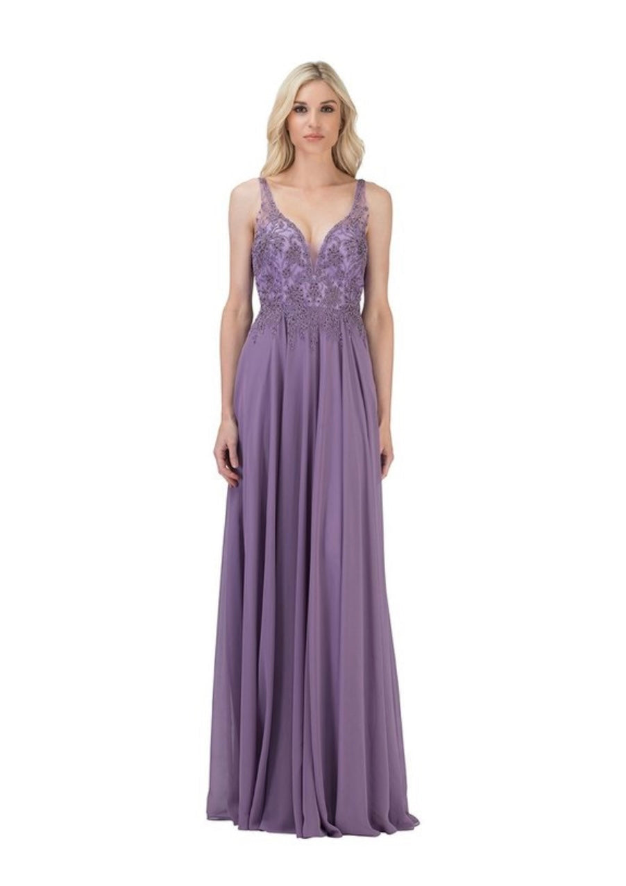 Chicas YG5017 Evening Navy A-Line Long Beaded Chiffon Dress