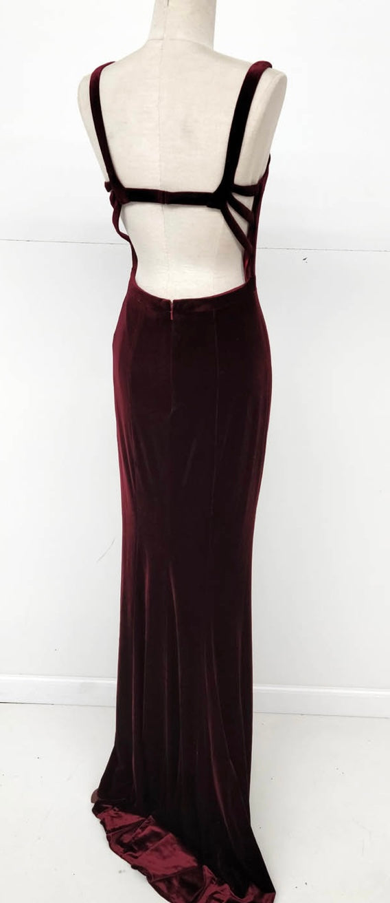 Chicas C7536 Elegant Evening Burgundy Floor-Length High-Slit Strappy Velvet Dress