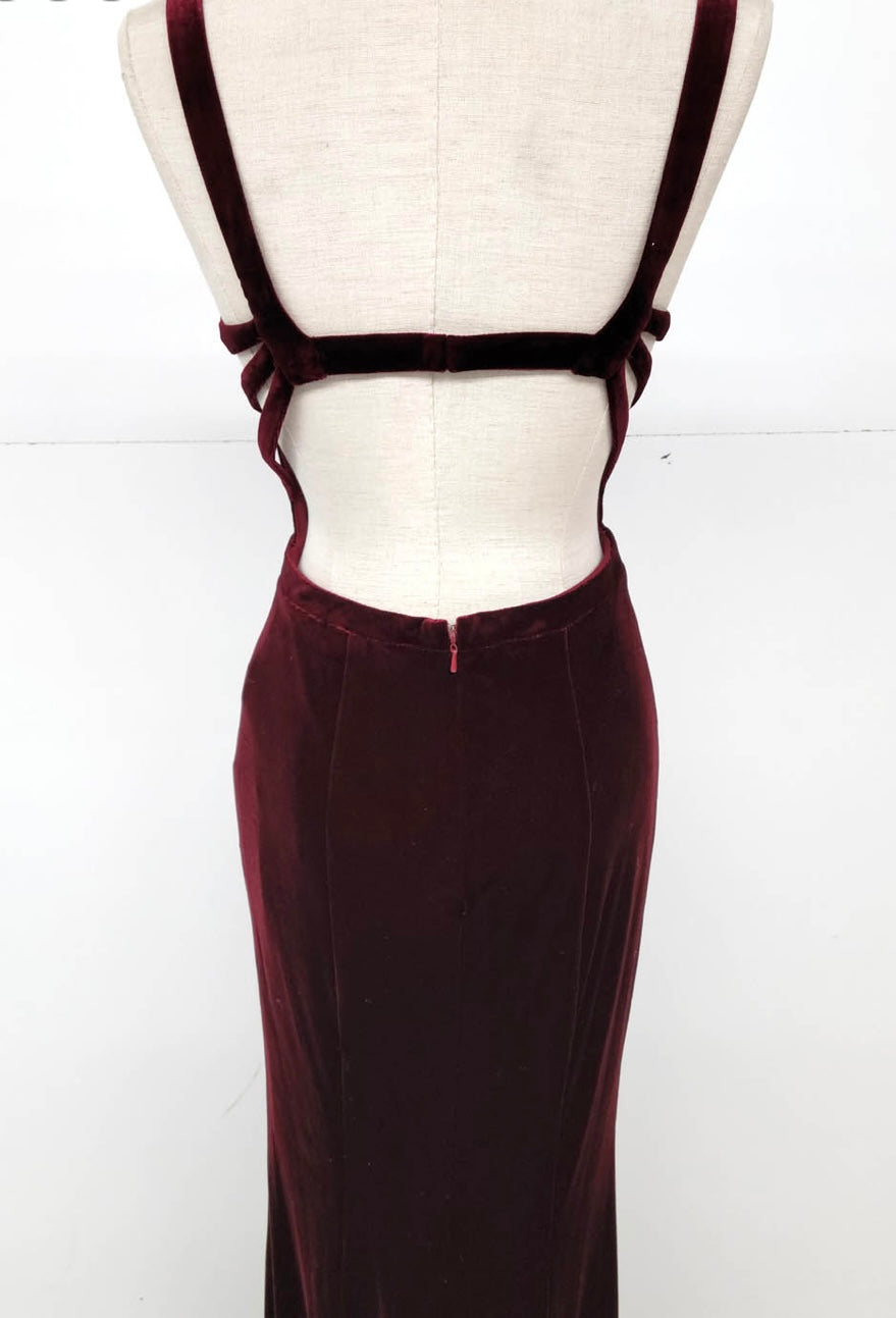 Chicas C7536 Elegant Evening Burgundy Floor-Length High-Slit Strappy Velvet Dress