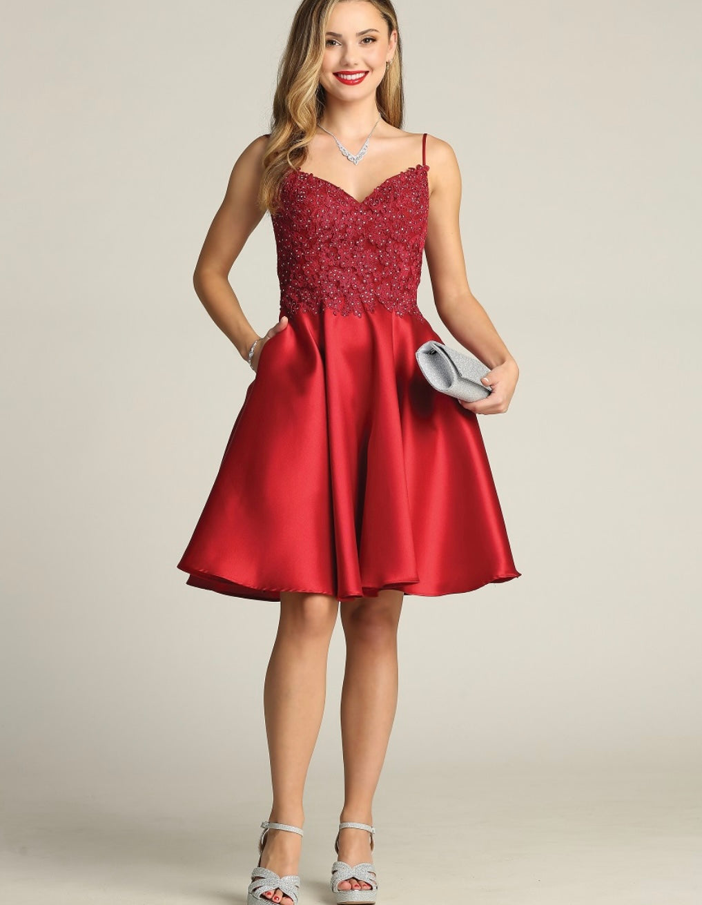 Chicas XR6008 Elegant Cocktail Red A-Line Sweetheart Short Satin Dress