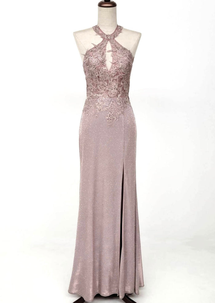 Chicas C7538 Printed Evening Blue Halter Floral Lace Dress