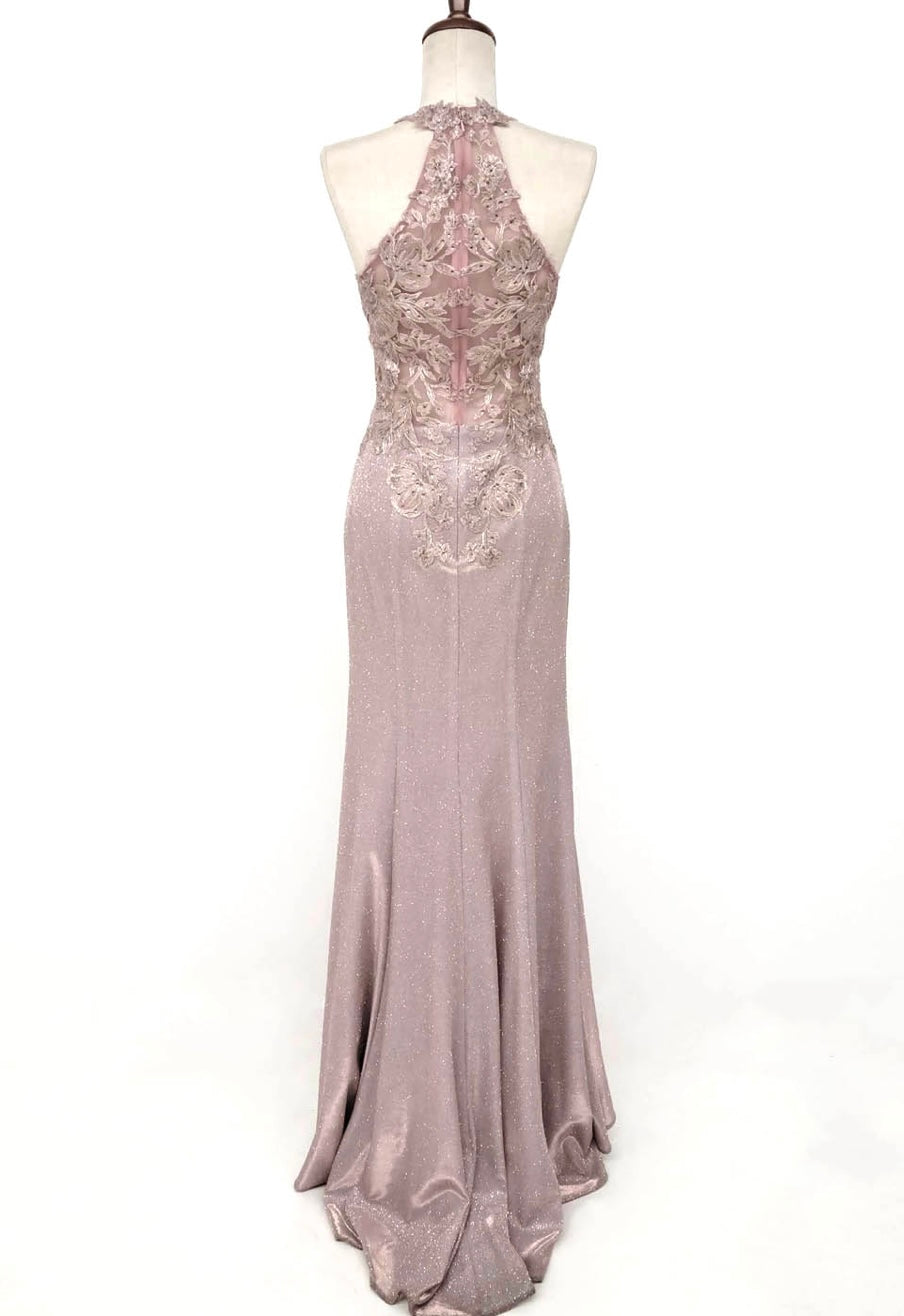 Chicas C7538 Printed Evening Blue Halter Floral Lace Dress