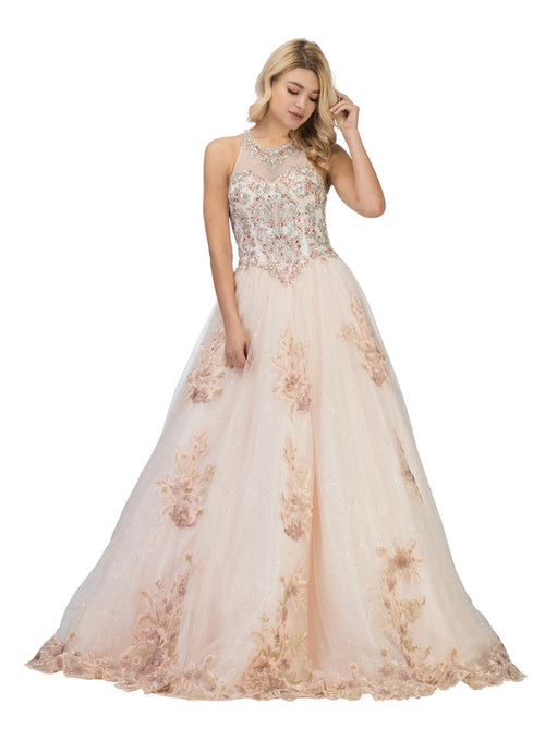 Chicas C7079 Romantic Printed Formal Blush BallDress Illusion Tulle Dress