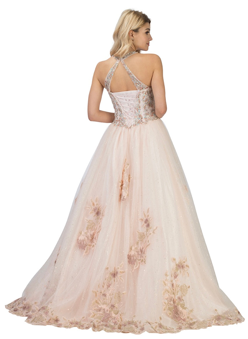 Chicas C7079 Romantic Printed Formal Blush BallDress Illusion Tulle Dress