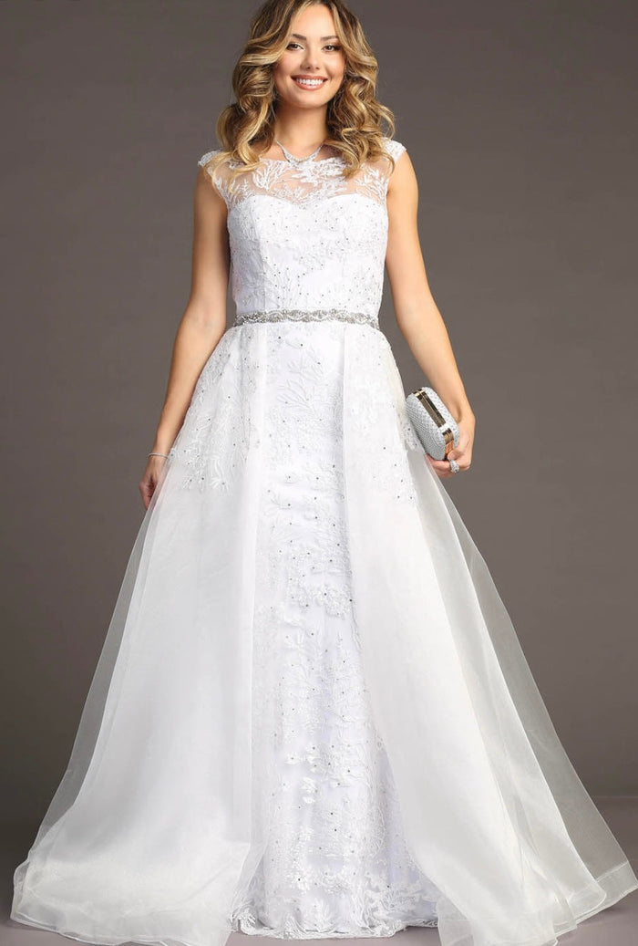 Chicas LM8023 Formal White Illusion Floor-Length Beaded Fabric Dress