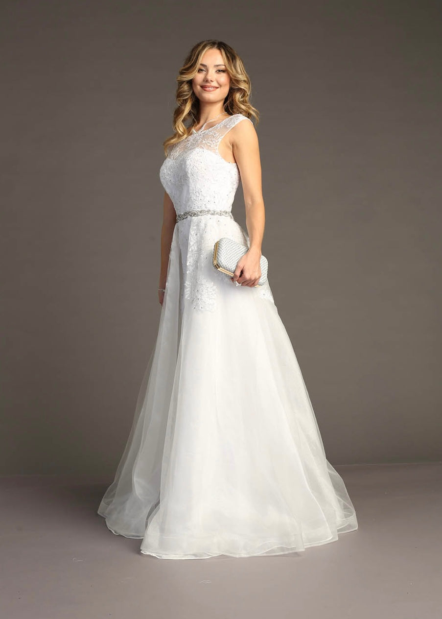 Chicas LM8023 Formal White Illusion Floor-Length Beaded Fabric Dress