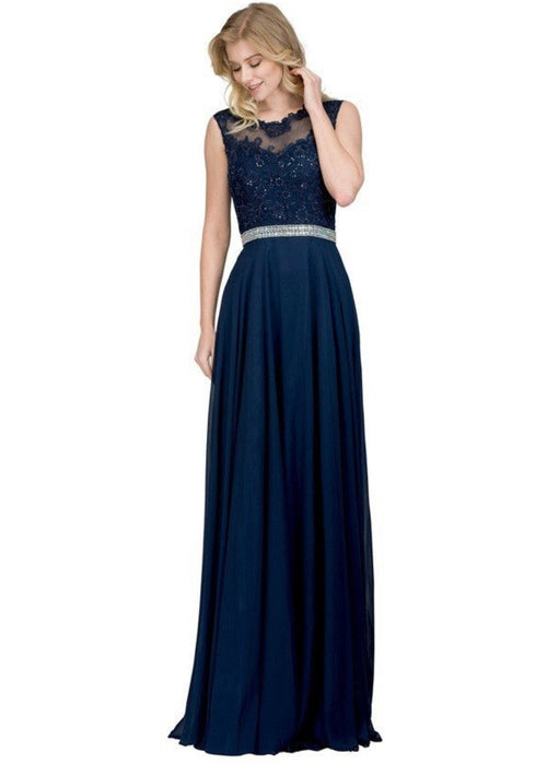 Chicas YG5015 Romantic Evening Navy A-Line Illusion Floor-Length Chiffon Dress