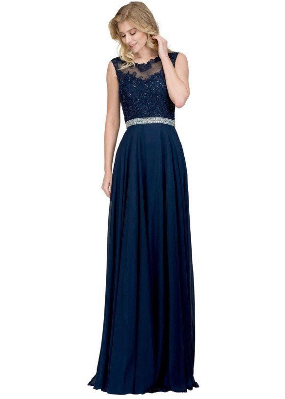 Chicas YG5015 Romantic Evening Navy A-Line Illusion Floor-Length Chiffon Dress