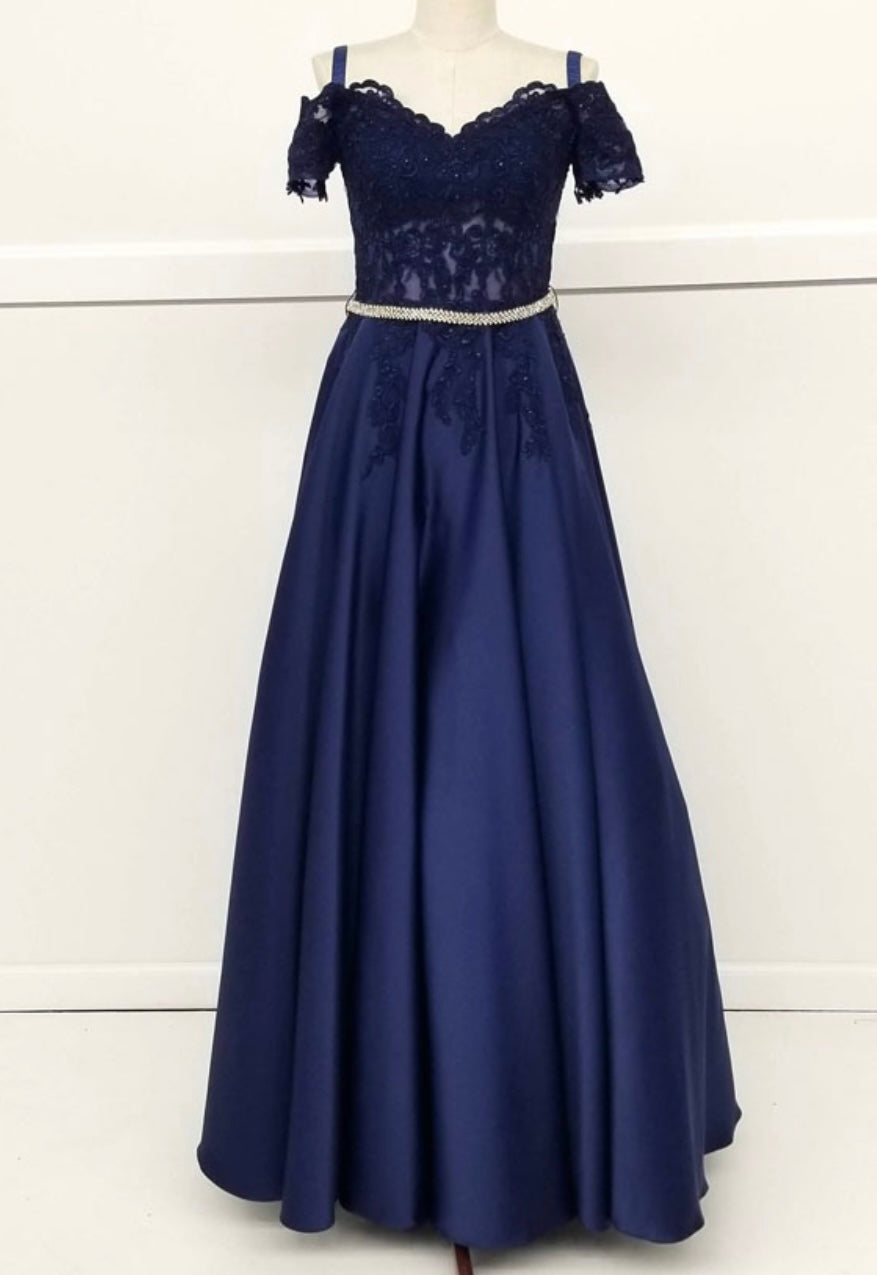 Chicas C7071 Elegant Formal Navy Floor-Length Beaded Embroidered Satin Dress