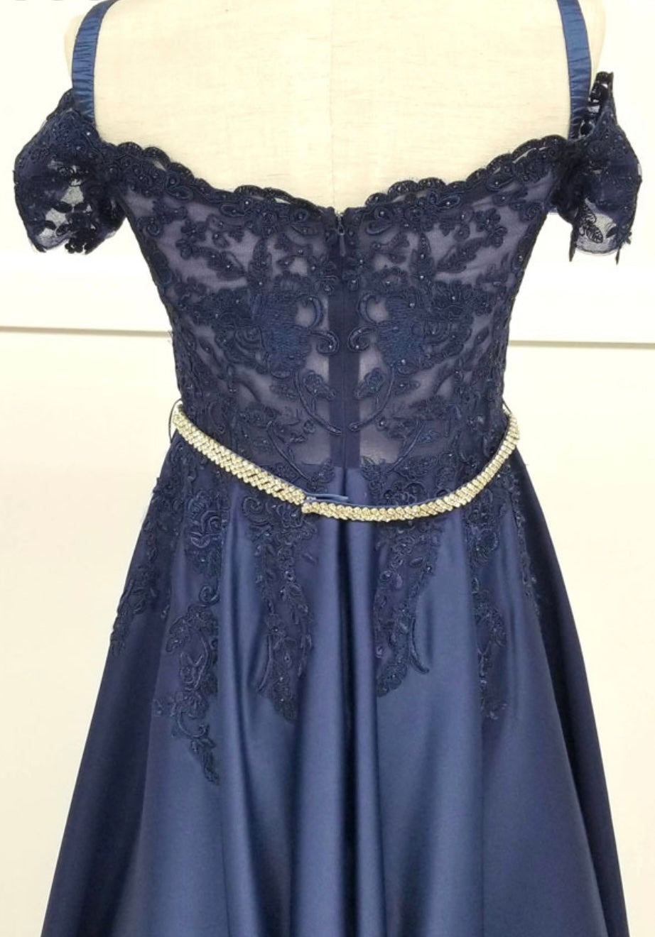 Chicas C7071 Elegant Formal Navy Floor-Length Beaded Embroidered Satin Dress