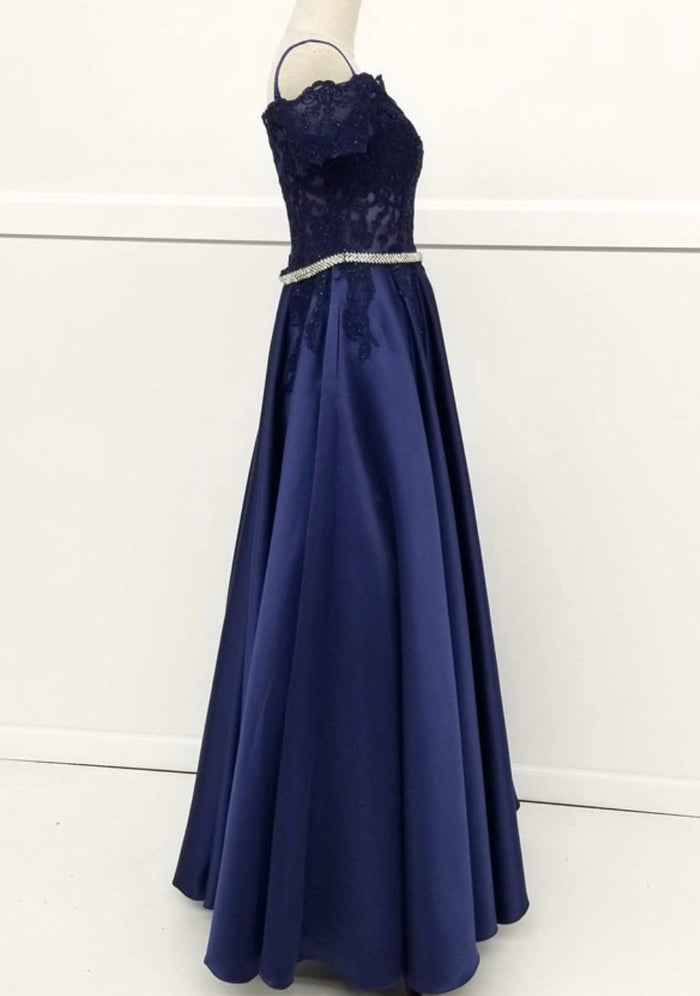 Chicas C7071 Elegant Formal Navy Floor-Length Beaded Embroidered Satin Dress