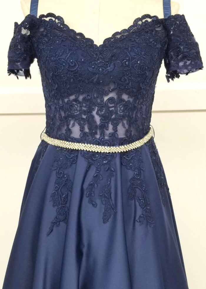 Chicas C7071 Elegant Formal Navy Floor-Length Beaded Embroidered Satin Dress