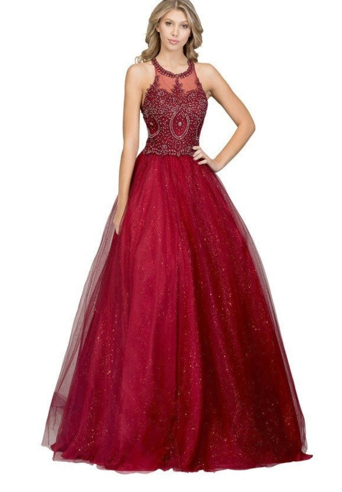 Chicas YG5014 Glitter Formal Wine BallDress Illusion Floor-Length Tulle Dress