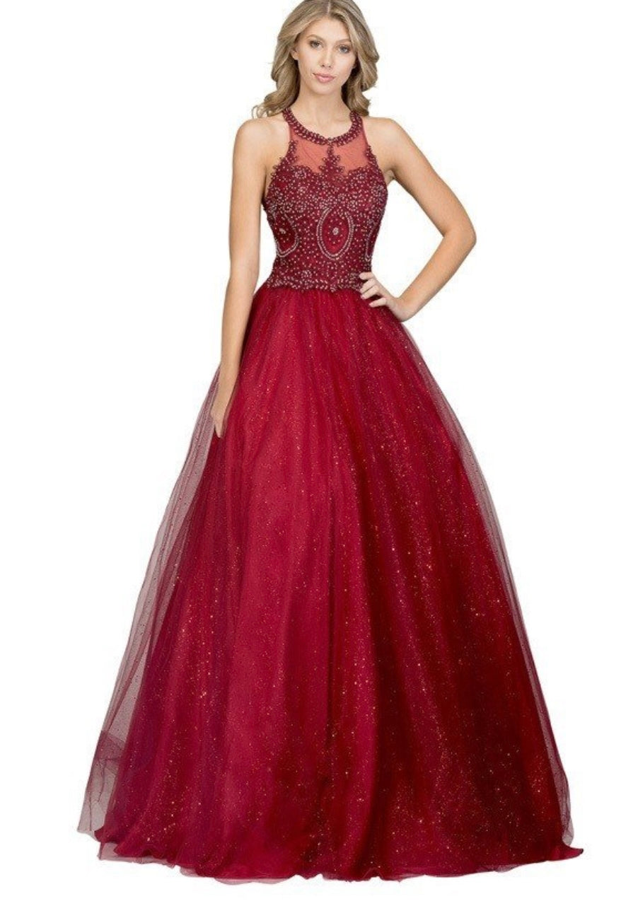 Chicas YG5014 Glitter Formal Wine BallDress Illusion Floor-Length Tulle Dress