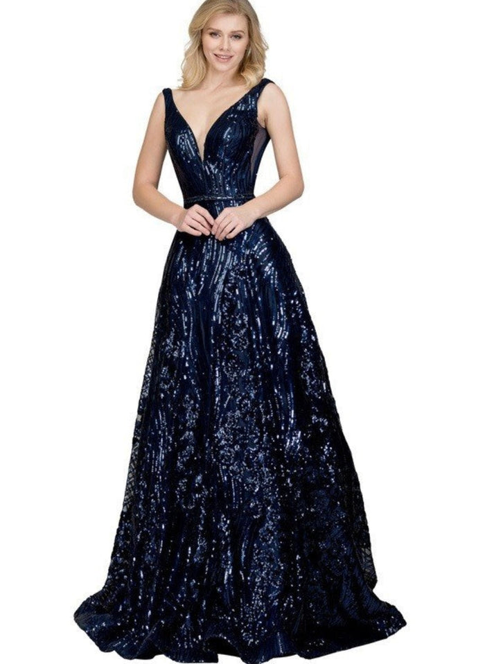 Chicas BT9012 Glam Printed Evening Navy A-Line Floral Fabric Dress