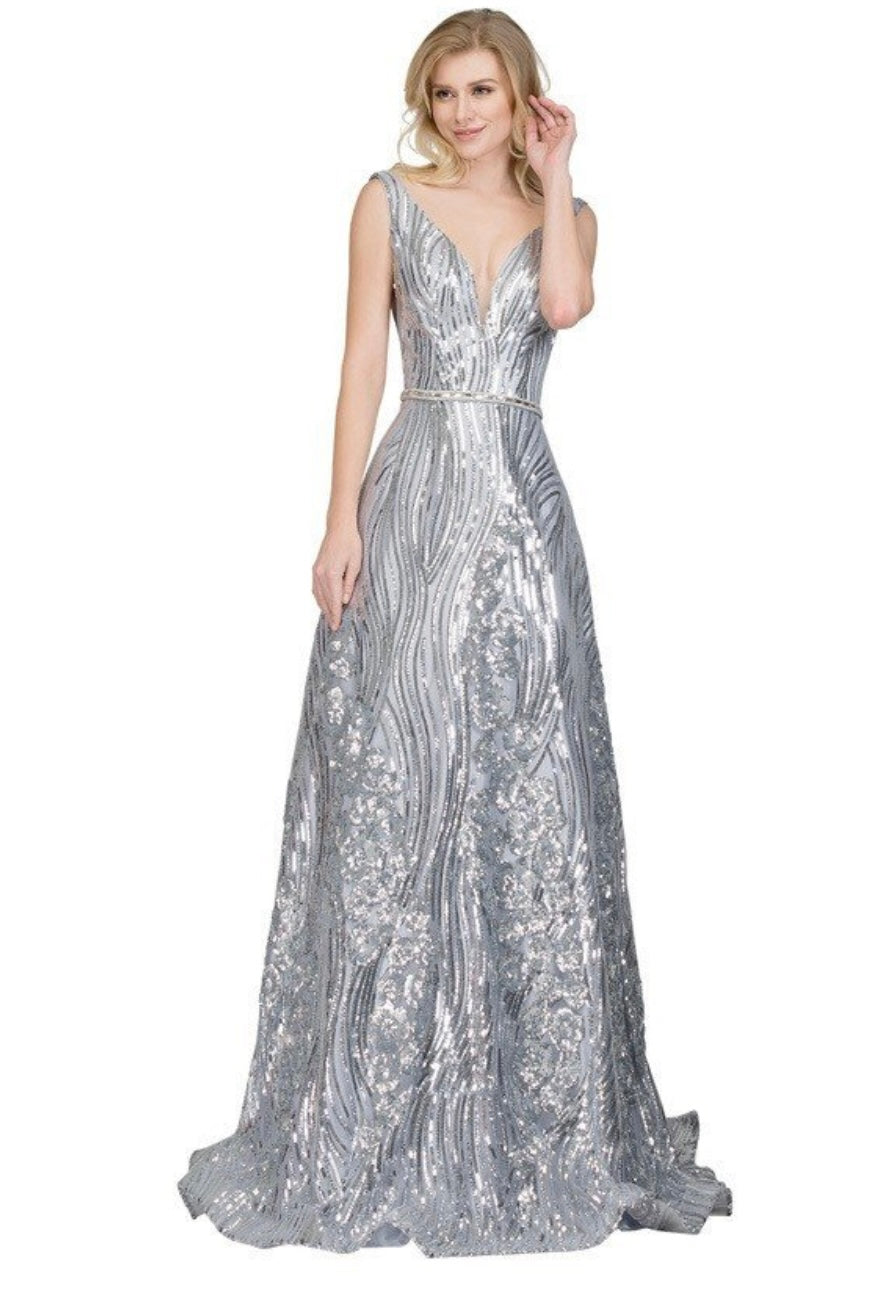 Chicas BT9012 Glam Printed Evening Navy A-Line Floral Fabric Dress
