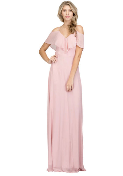 Chicas DM4004 Elegant Navy A-Line Spaghetti-Strap Long Ruffled Chiffon Dress