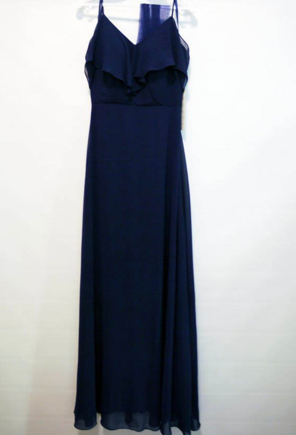 Chicas DM4004 Elegant Navy A-Line Spaghetti-Strap Long Ruffled Chiffon Dress