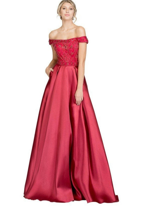 Chicas XR6007 Elegant Evening Red A-Line Floor-Length Satin Dress