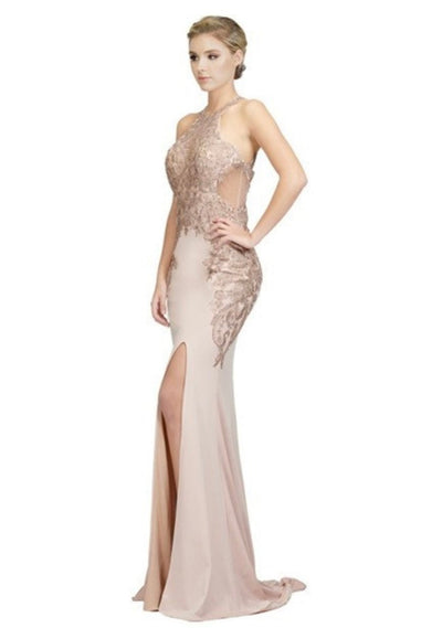 Chicas C1541 Prom Black Halter Floor-Length Open-Back Lace Dress