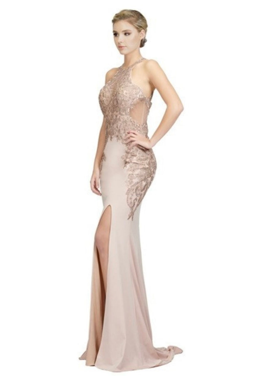 Chicas C1541 Prom Black Halter Floor-Length Open-Back Lace Dress