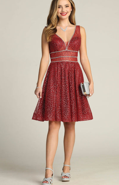 Chicas Y5801 Modern Glitter Formal Red A-Line Illusion Lace Dress
