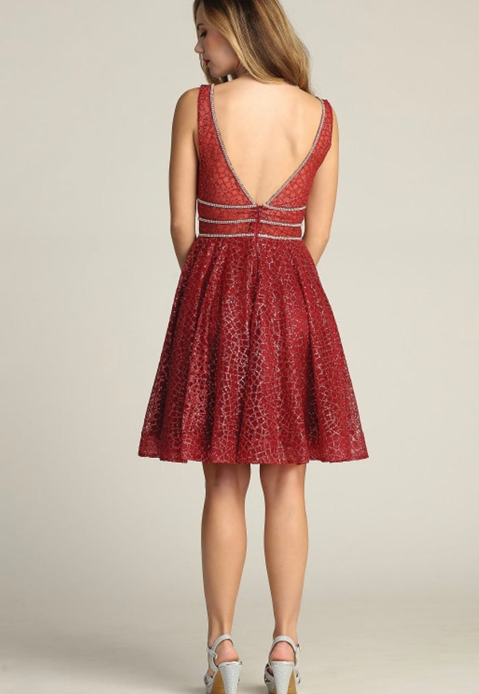 Chicas Y5801 Modern Glitter Formal Red A-Line Illusion Lace Dress