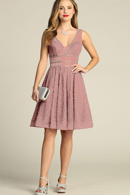 Chicas Y5801 Modern Glitter Formal Red A-Line Illusion Lace Dress