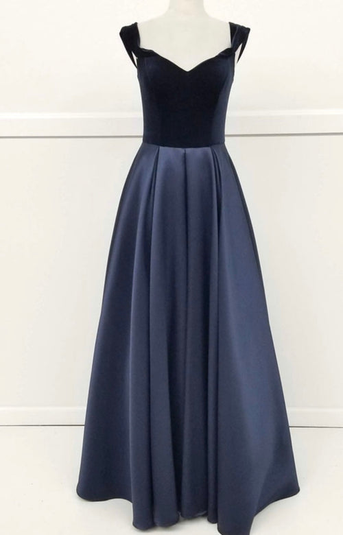 Chicas C7062 Elegant Evening Navy A-Line Sweetheart Floor-Length Satin Dress