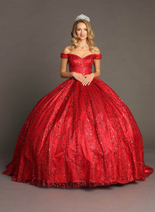 Chicas BT9013 Quinceañera Red BallDress Off-Shoulder Fabric Dress